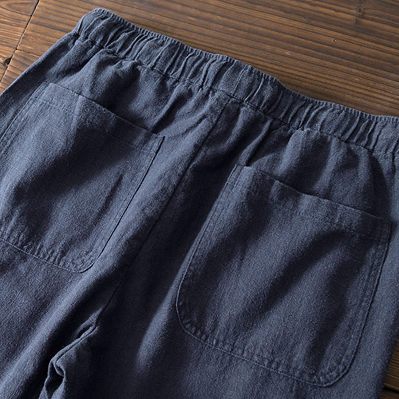 Buddha Stones Casual Solid Color Simple Design Drawstring Ramie Linen Men's Pants With Pockets
