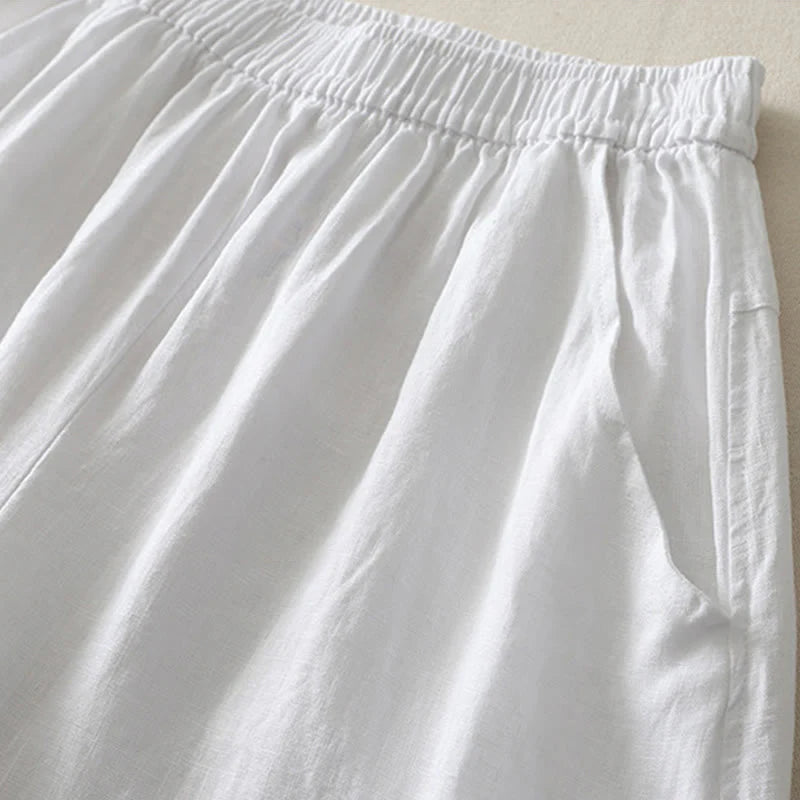 Buddha Stones Summer Daily Solid Color Elastic Waistband Design Women's Wide Leg Cotton Linen Pants With Pockets