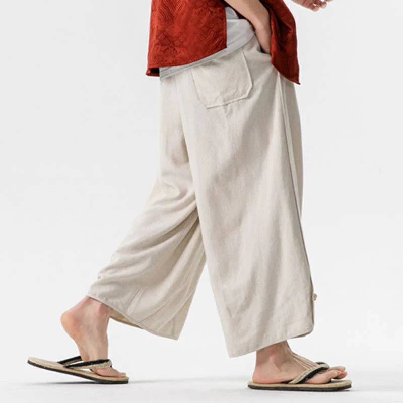 Buddha Stones Summer Plain Drawstring Design Linen Cotton Men's 7-8 Length Pants With Pockets