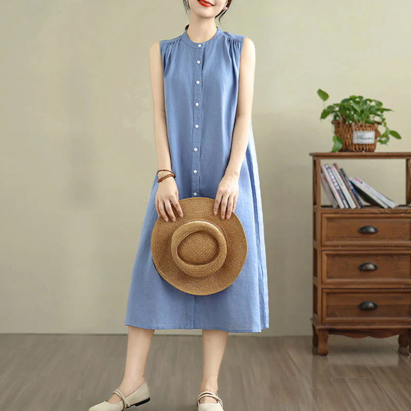 Buddha Stones Plain Single Breasted Pleated Design Sleeveless Cotton Linen Midi Dress