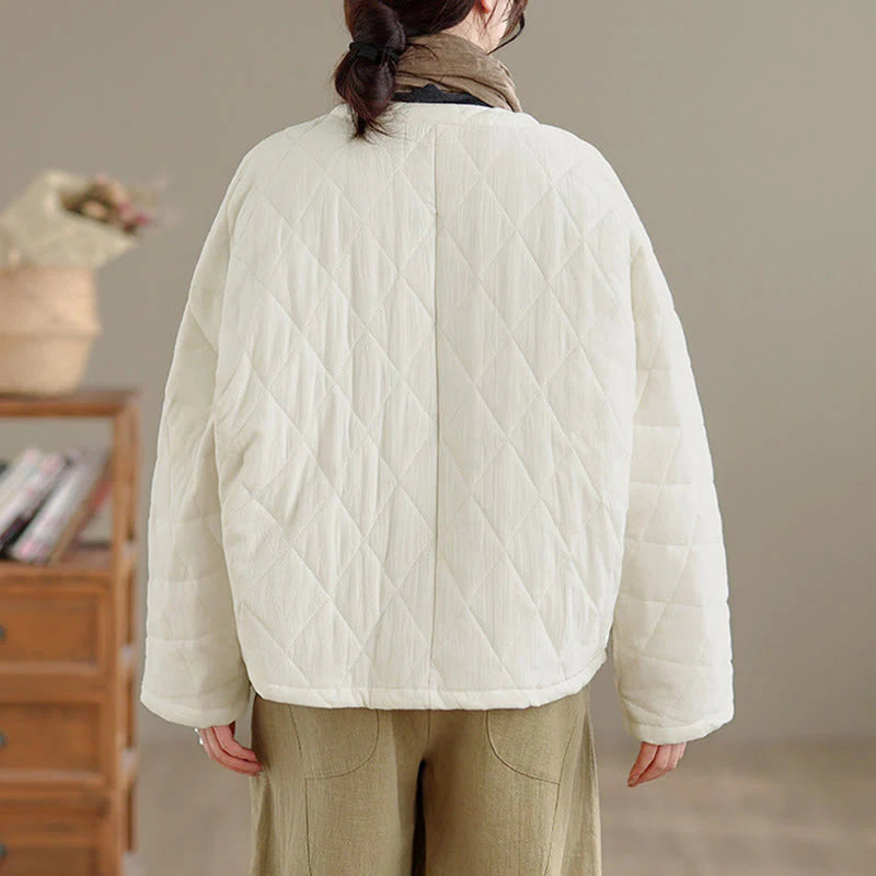 Buddha Stones Winter Frog-Button Diamond-shaped Lines Cotton Long Sleeve Women's Thermal Jacket With Pockets