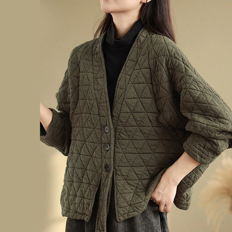 Buddha Stones Women's Buttons Long Sleeve Thickened Cotton Jacket With Pockets