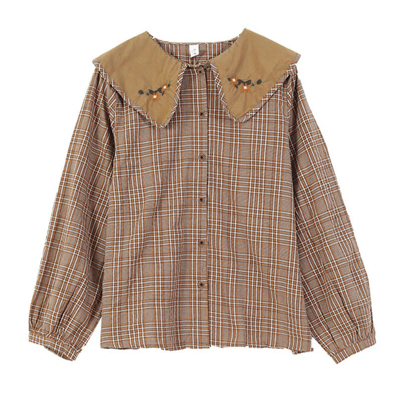 Buddha Stones Embroidered Plaid Pattern Cotton Women's Shirt