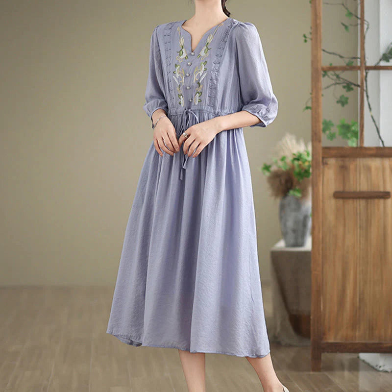 Buddha Stones Spring Floral Embroidery V Neck Tie Waist Elbow-Length Sleeve Women's Dress With Pockets