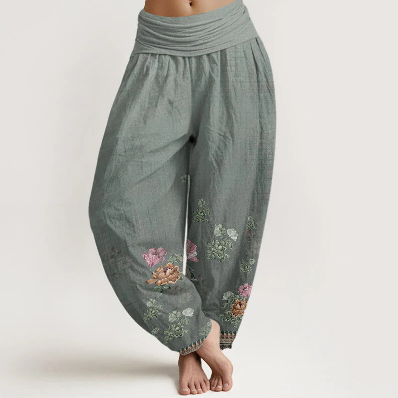 Buddha Stones Cotton Casual Plant Peony Petals Pattern Women's Elastic Waist Harem Pants