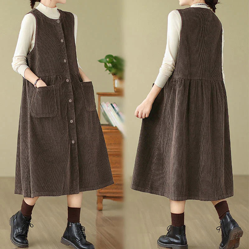 Buddha Stones Fall Retro Buttons Design Corduroy Sleeveless Midi Dress With Pockets