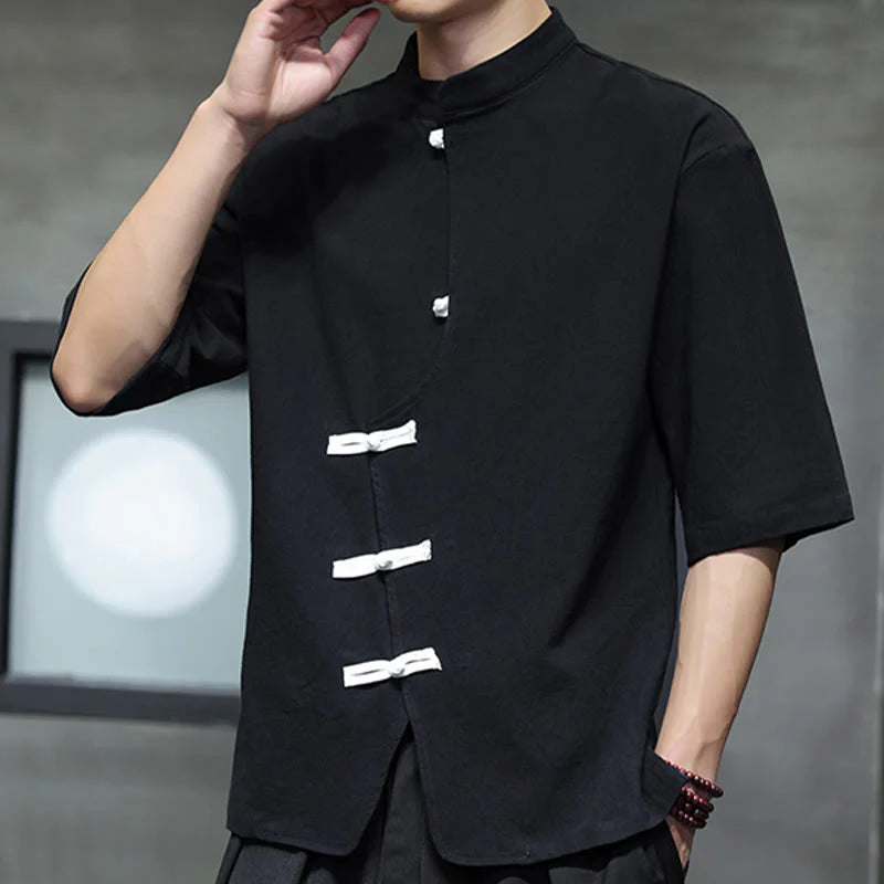 Buddha Stones Plain Chinese Frog-Button Stand Collar Cotton Linen Men's Half Sleeve Shirt