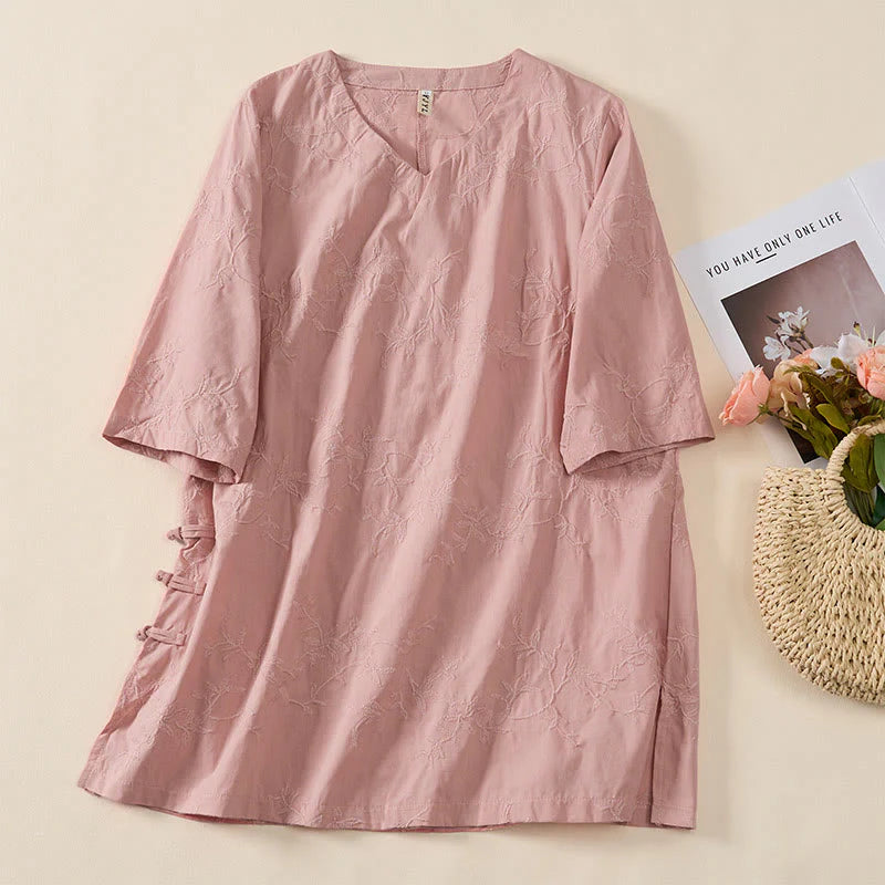 Buddha Stones Spring V-Neck Long Sleeve Leaf Pattern Women's Cotton Shirt