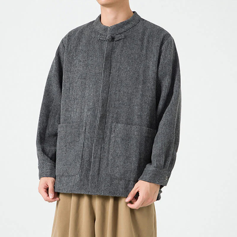 Buddha Stones Solid Color Frog-Button Long Sleeve Men's Cotton Corduroy Jacket With Pockets