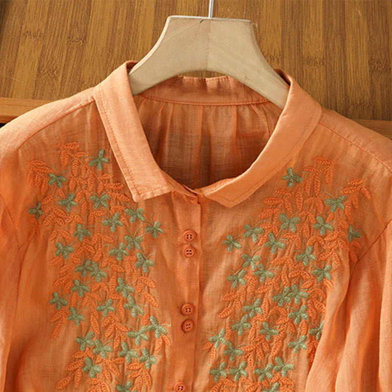 Buddha Stones Casual Plant Embroidery Stand Collar Women's Cotton Blend Three Quarter Sleeve Shirt