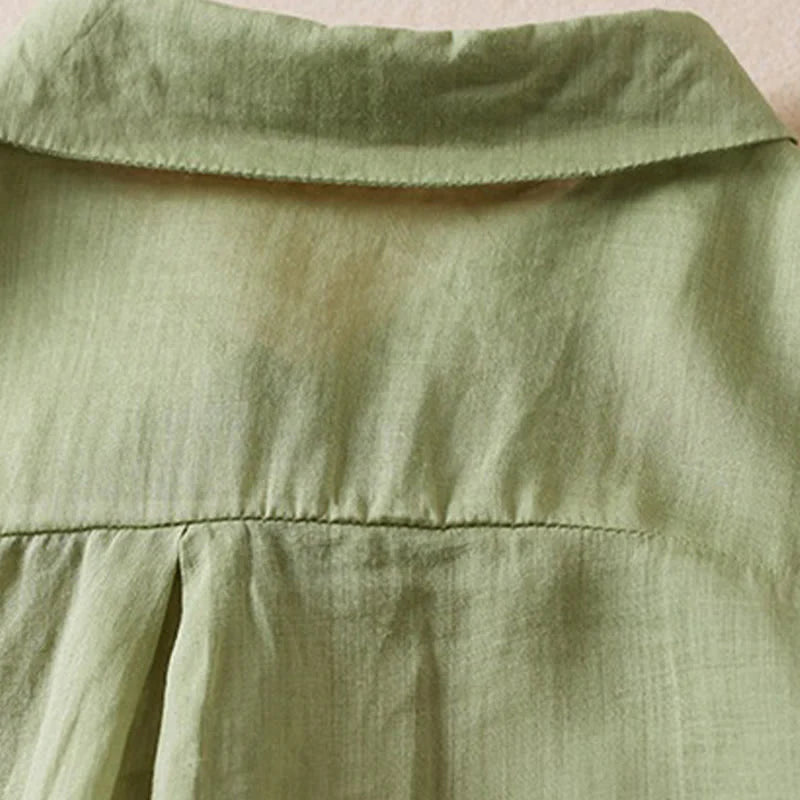 Buddha Stones Retro Plain Fake Two Pieces Button Half Sleeve Design Women's Cotton Linen Shirt