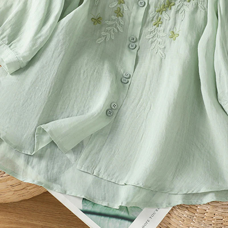 Buddha Stones Casual Plant Embroidery Stand Collar Women's Cotton Blend Three Quarter Sleeve Shirt