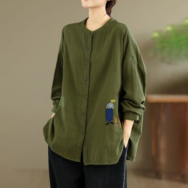 Buddha Stones Fall Embroidery Human Figure Dog Pattern Round Neck Buttons Women's Long Sleeve Shirt