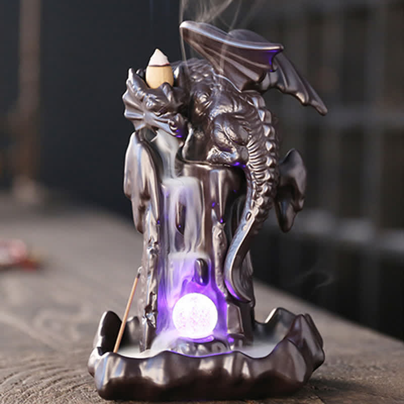 Buddha Stones Nordic Dragon Ceramic Backflow Smoke Fountain Meditation Healing Incense Burner Led Ball Decoration