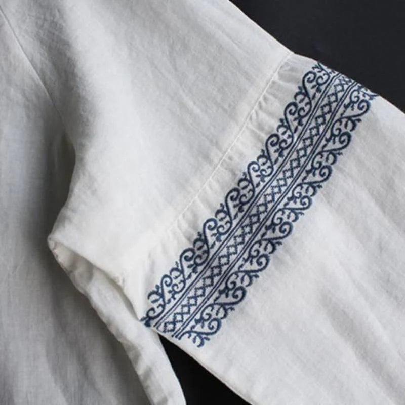 Buddha Stones Ethnic Embroidery Bohemian Pattern Long Sleeve Crew Neck Women's Shirt
