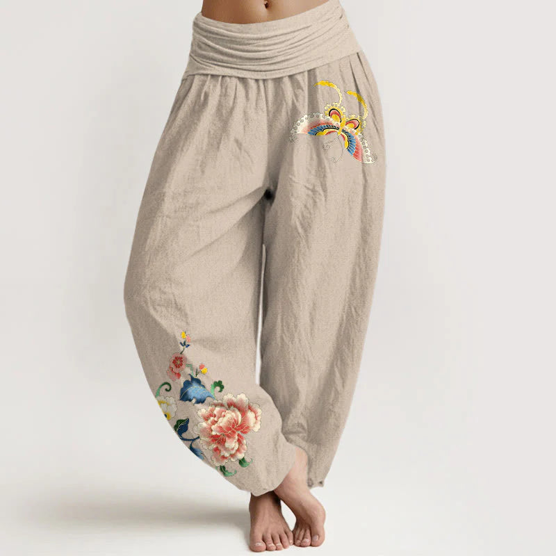 Buddha Stones Cotton Auspicious Peony Flower Butterfly Pattern Women's Elastic Waist Harem Pants
