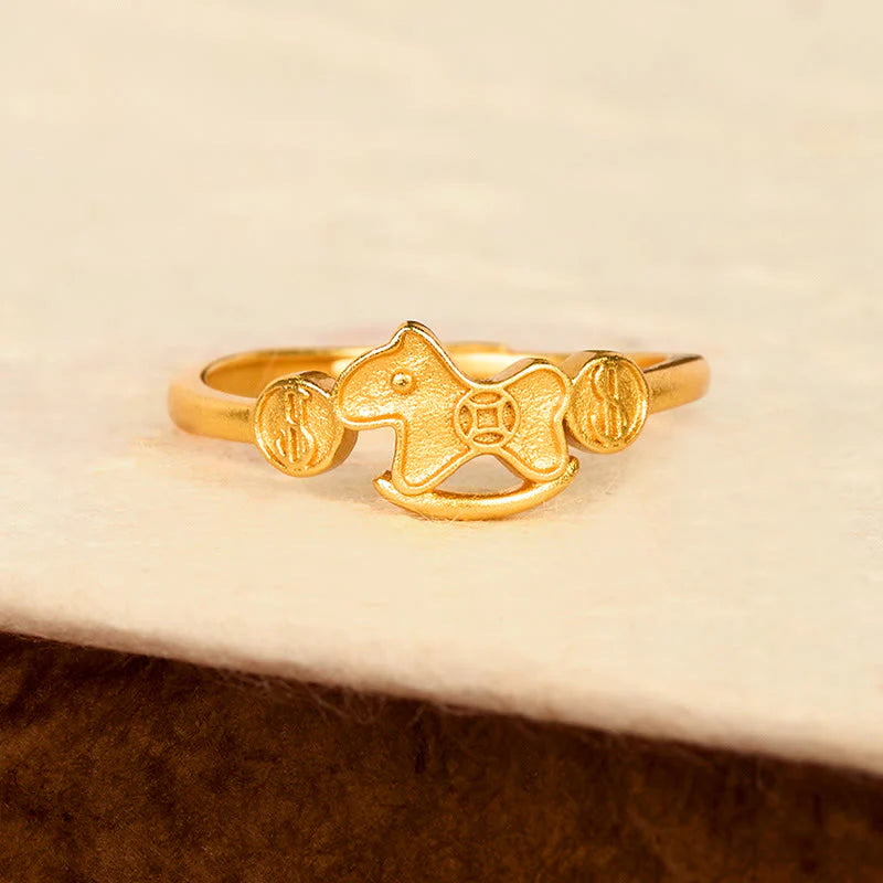 Buddha Stones Year Of The Horse 24k Gold Plated Brass Copper Coin Adjustable Ring