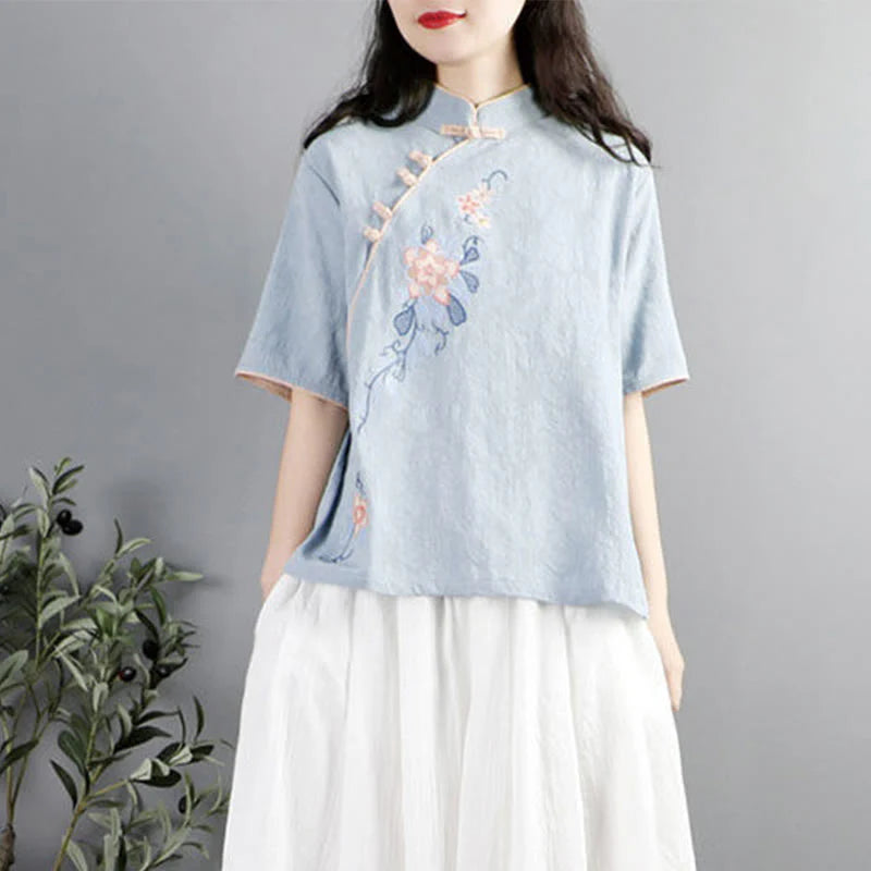 Buddha Stones Summer Flower Embroidery Half Sleeve Frog-Button Mandarin Collar Cotton Linen Women's Shirt
