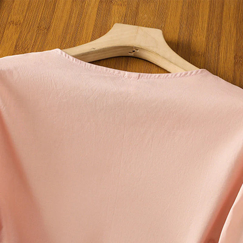 Buddha Stones Embroidery Pleated Buttons Long Lantern Sleeve Women's Cotton Shirt