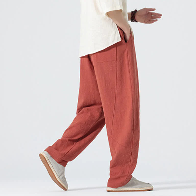 Buddha Stones Spring Pure Color Men's Cotton Drawstring Pants With Pockets