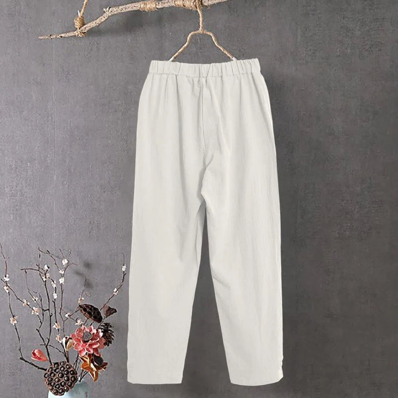 Buddha Stones Casual Pure Color Hollow Button Cuff Design Women's Cotton Linen Pants With Pockets