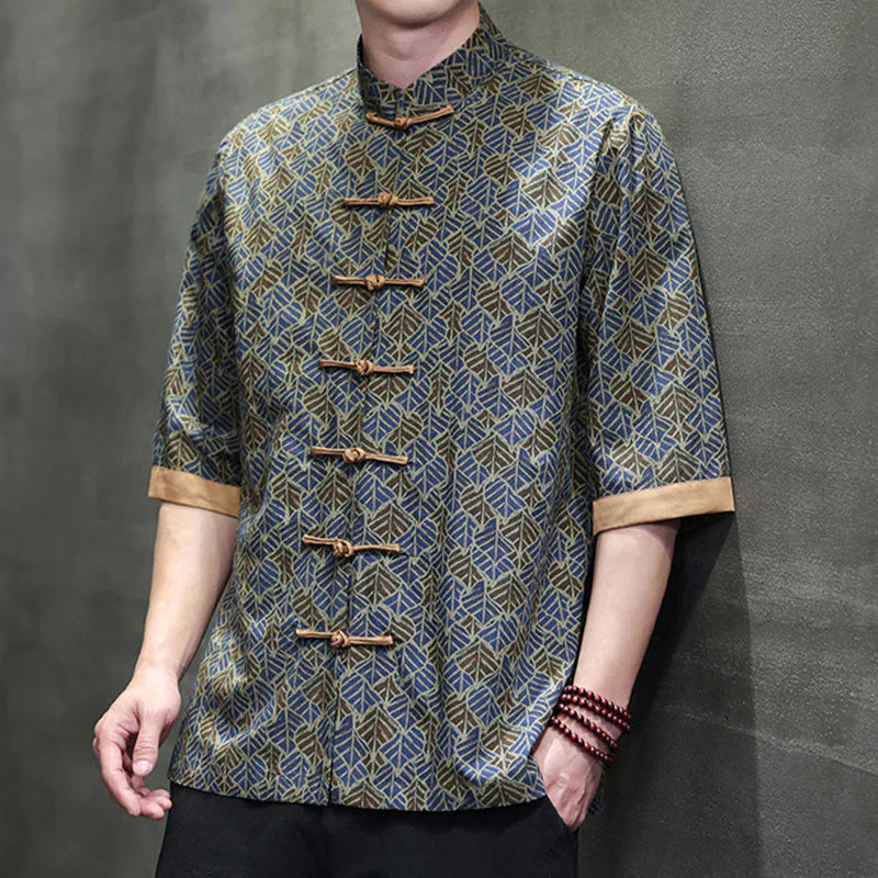 Buddha Stones Summer Colorful Floral Leaves Pattern Short Sleeve Frog-button Design Men's Cotton Shirt