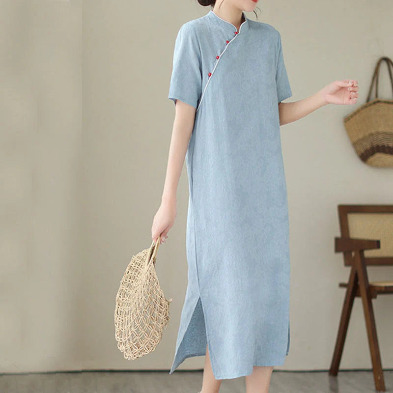 Buddha Stones Jacquard Solid Color Cotton Linen Short Sleeve Cheongsam Qipao Midi Dress With Pockets