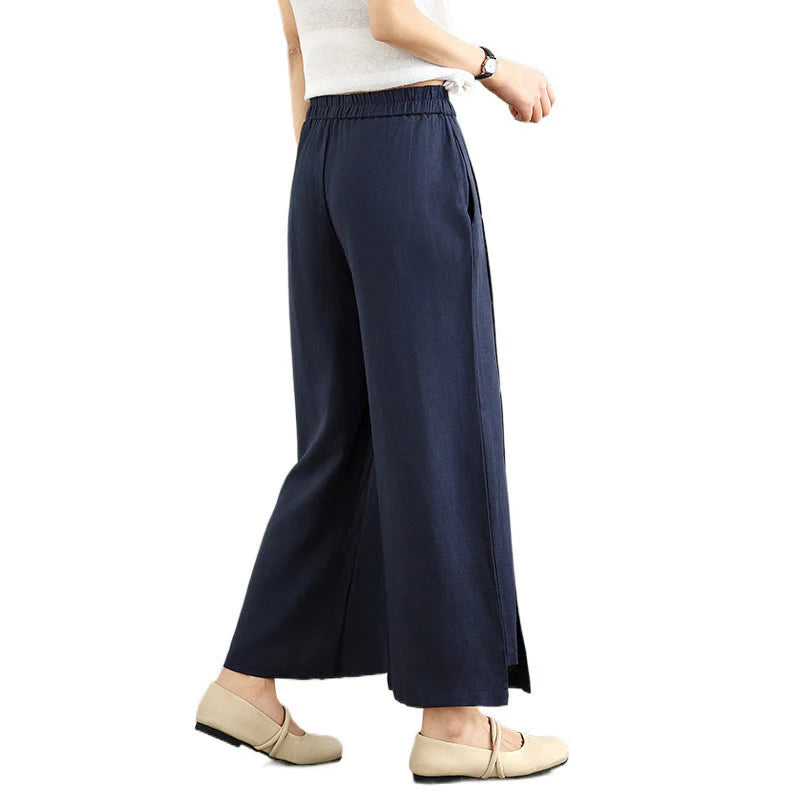 Buddha Stones Spring Casual Navy Simple Line Design Cotton Linen Women's Wide Leg Pants With Pockets