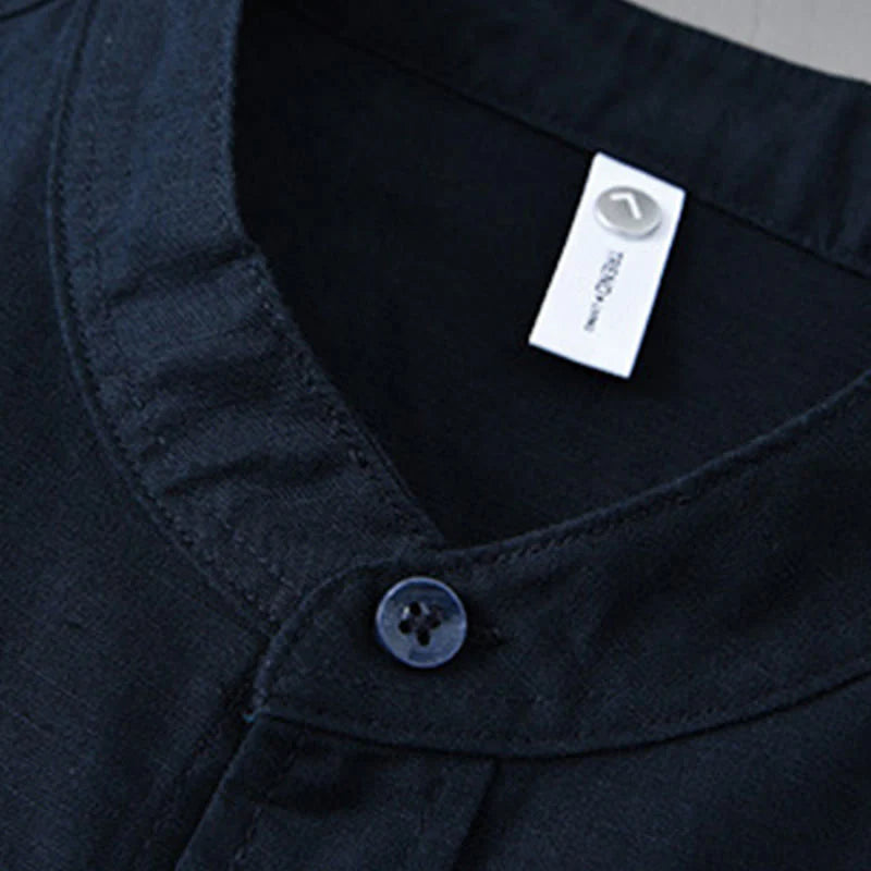 Buddha Stones Men's Long Sleeve Stand Collar With Pocket Pure Color Casual Cotton Linen Shirt