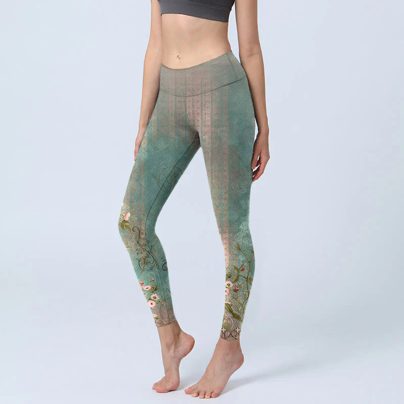 Buddha Stones Symmetrical Retro Flower Leaf Vine Fence Pattern Print Gym Leggings Women's Yoga Pants