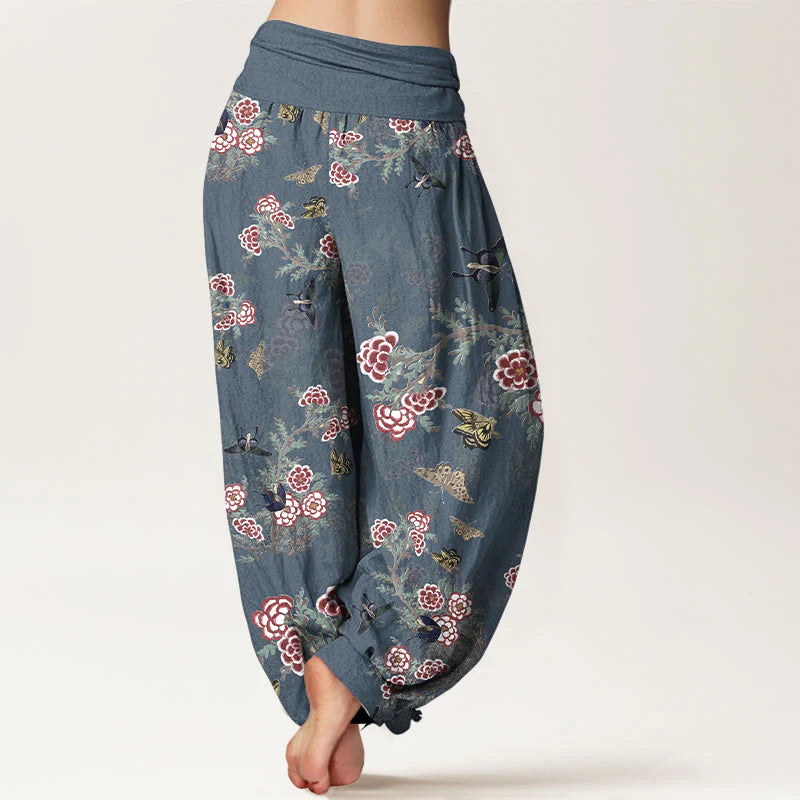 Buddha Stones Cotton Flowers Leaves Butterfly Pattern Women's Elastic Waist Harem Pants