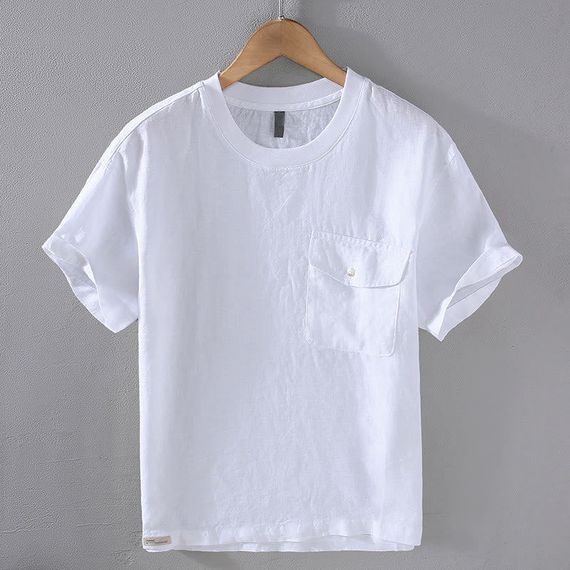 Buddha Stones Crew Neck Simple Design Men's Short Sleeve Linen Shirt With Pocket