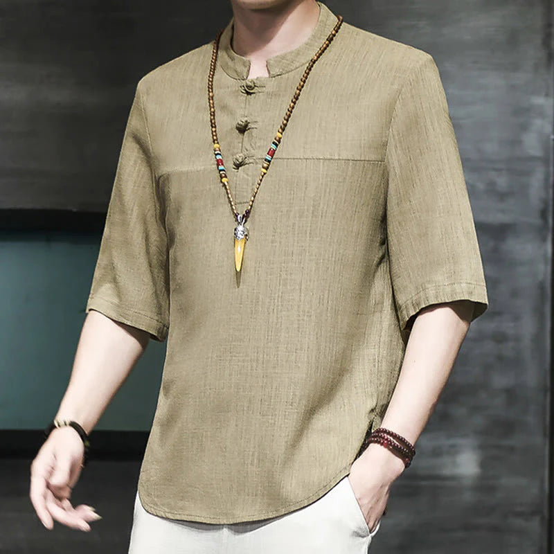 Buddha Stones Casual Vintage  Chinese Frog-Button Men's Half Sleeve Cotton Linen T-Shirt