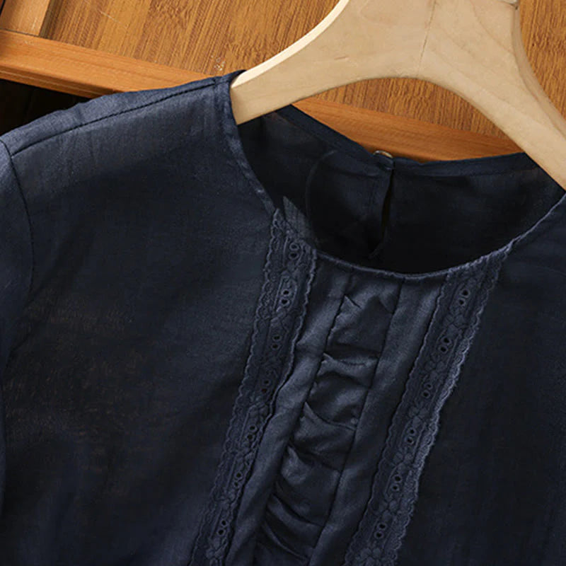 Buddha Stones Casual Pure Color Crew Neck Women's Cotton Linen Three Quarter Sleeve Shirt