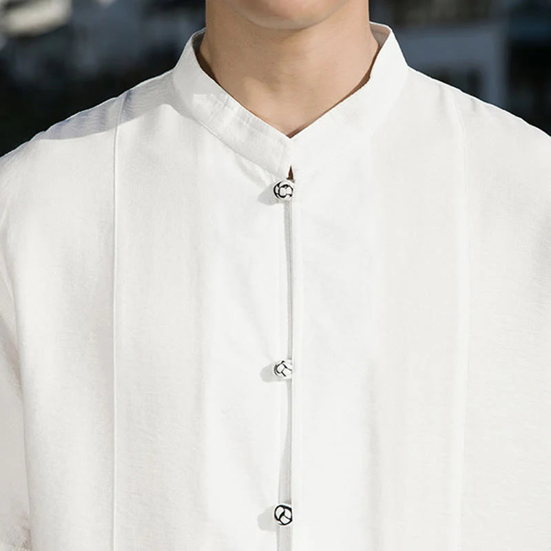 Buddha Stones Summer Solid Color Front Button Design Men's Half Sleeve Cotton Shirt