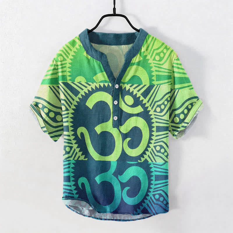 Buddha Stones Cotton Om Emblem Men's Short Sleeve Half Button Shirt