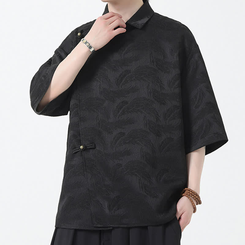 Buddha Stones Summer Mandarin Collar Textured Jacquard Men's Elbow Sleeve Shirt