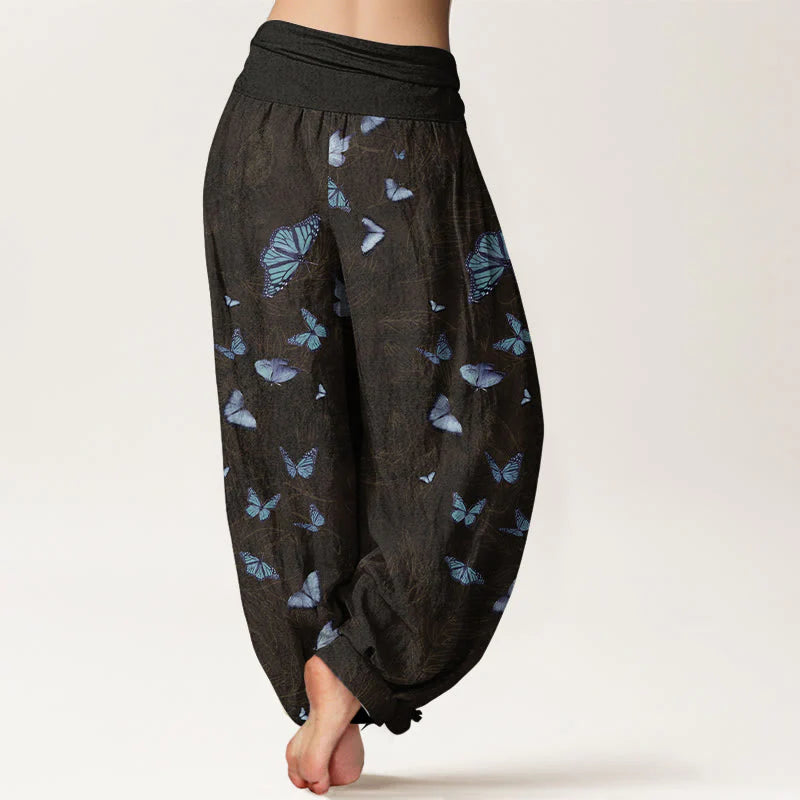 Buddha Stones Cotton Dreamlike Butterfly Leaf Pattern Women's Elastic Waist Harem Pants