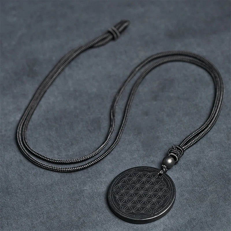 Buddha Stones Flower of Life Carving Design Authentic Shungite Stone Protection Necklace Pendant