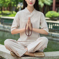 Buddha Stones 2Pcs Half Sleeve V-Neck Shirt Top Pants Meditation Zen Tai Chi Linen Clothing Women's Set