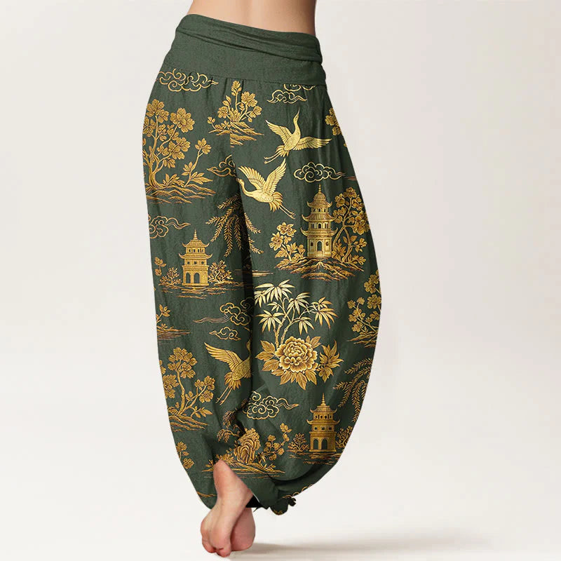 Buddha Stones Cotton Gorgeous Tree Crane Architecture Cloud Peony Pattern Women's Elastic Waist Harem Pants