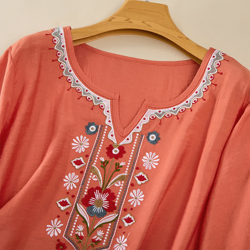 Buddha Stones Spring Boho Embroidered Cotton Linen Elbow-Length Sleeve Women's T-Shirts