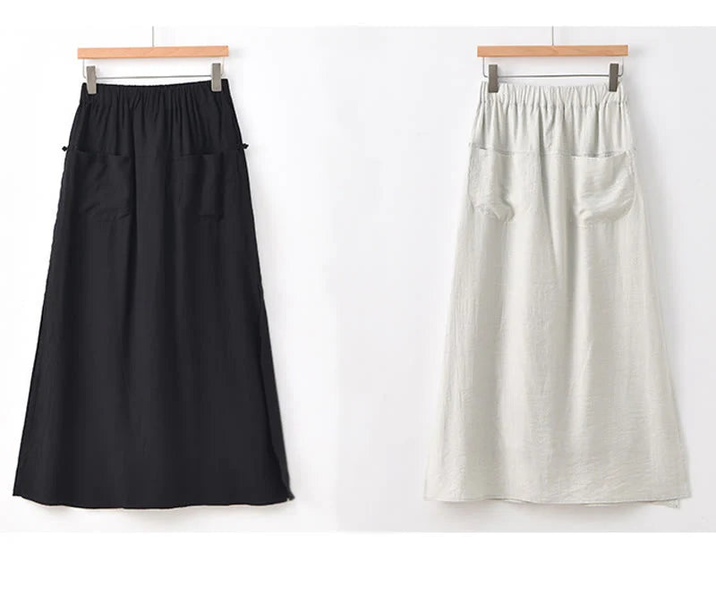 Buddha Stones Solid Color Hem Slit Design Women's Skirt Pants With Pockets