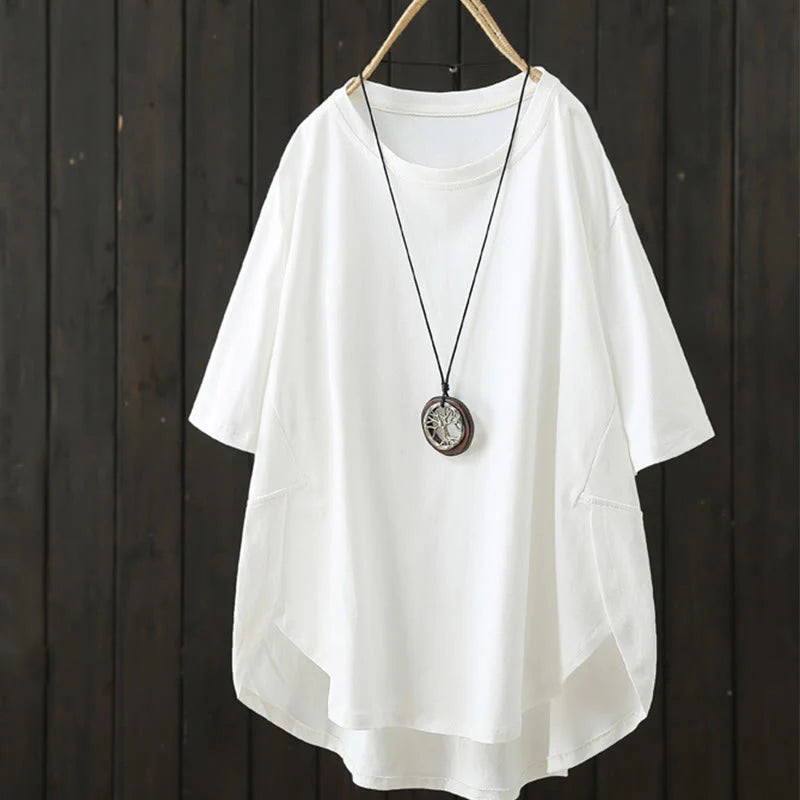 Buddha Stones Casual Loose Summer Plain Crew Neck Women's  Cotton Short Sleeve T-shirt