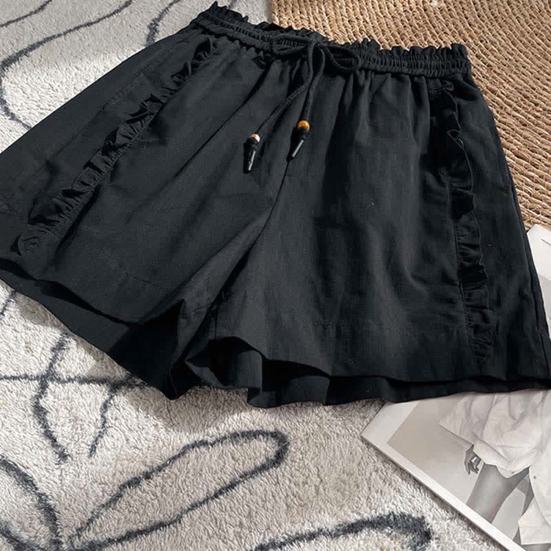 Buddha Stones Summer Drawstring Ruffle Elastic Waist Women's Shorts With Pockets