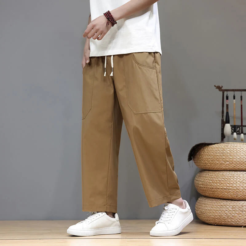 Buddha Stones Summer Solid Color Drawstring Straight Leg 7-8 Length Men's Pants With Pockets