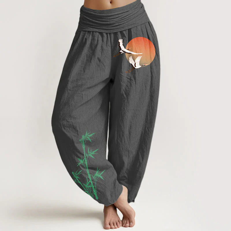 Buddha Stones Pure Cotton Elegant Sun Crane Bamboo Pattern Women's Elastic Waist Harem Pants