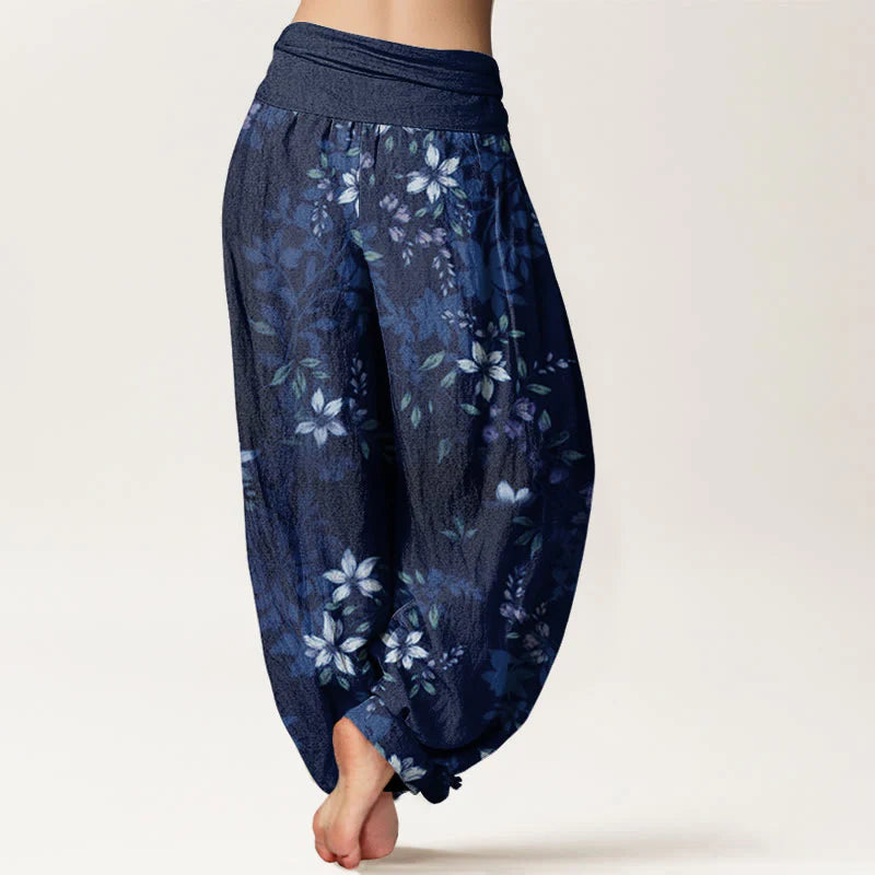 Buddha Stones Cotton Small White Blossoms Green Leaves Women's Elastic Waist Harem Pants