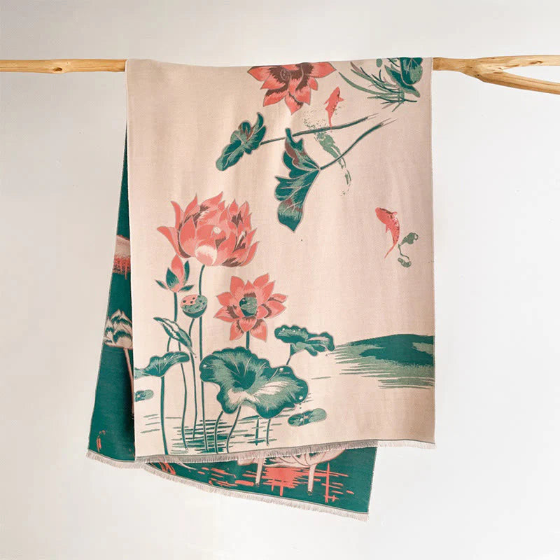 Buddha Stones Fall Lotus Koi Fish Dragonfly Pattern Cozy Scarf Shawl