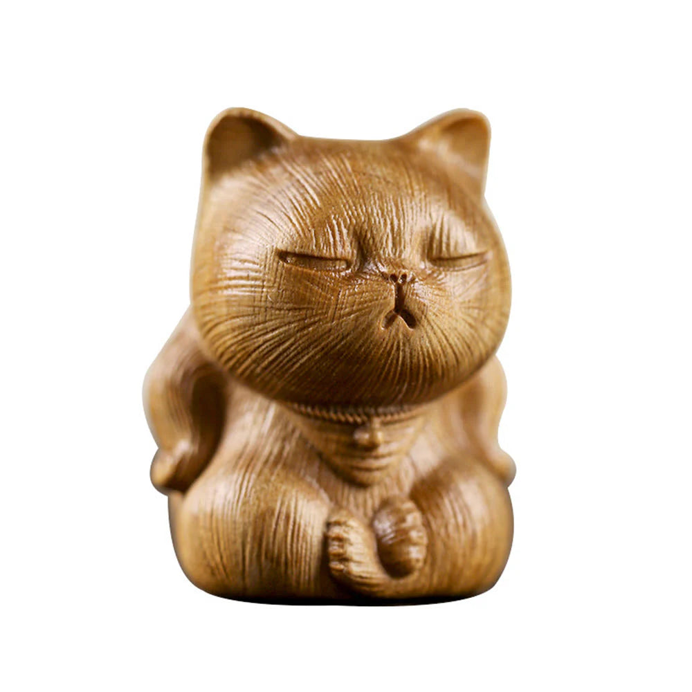 Buddha Stones Small Mini Green Sandalwood Lucky Cat Carved Soothing Decorations